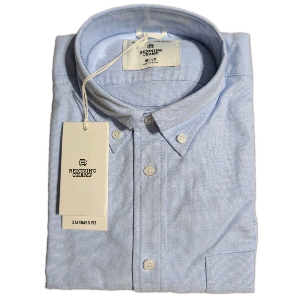 Reigning Champ Oxford Prep Shirt Mens M Light Blue Standard Fit Short Sleeve NWT